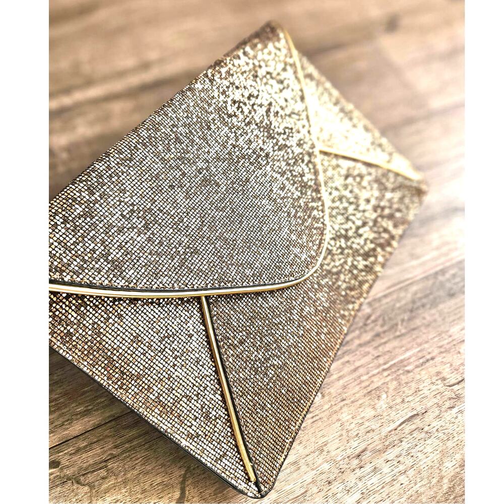 Large Gold Glitter Envelope Clutch With Gold Trim